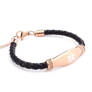 NEW! No Bp IV or Needles ID Rose Gold Black Leather Medical Alert Bracelet